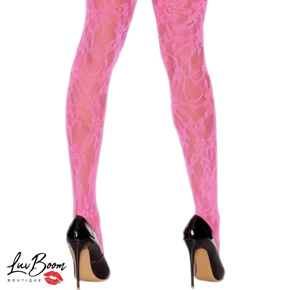 ‼️💌Vibrant Neon Pink Crochet Lace Suspender Thigh-High Hosiery Pantyhose
